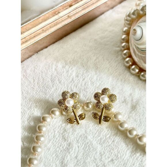 Cubic zirconia faux pearl flower stud dangle earring ￼ - Picture 4 of 6